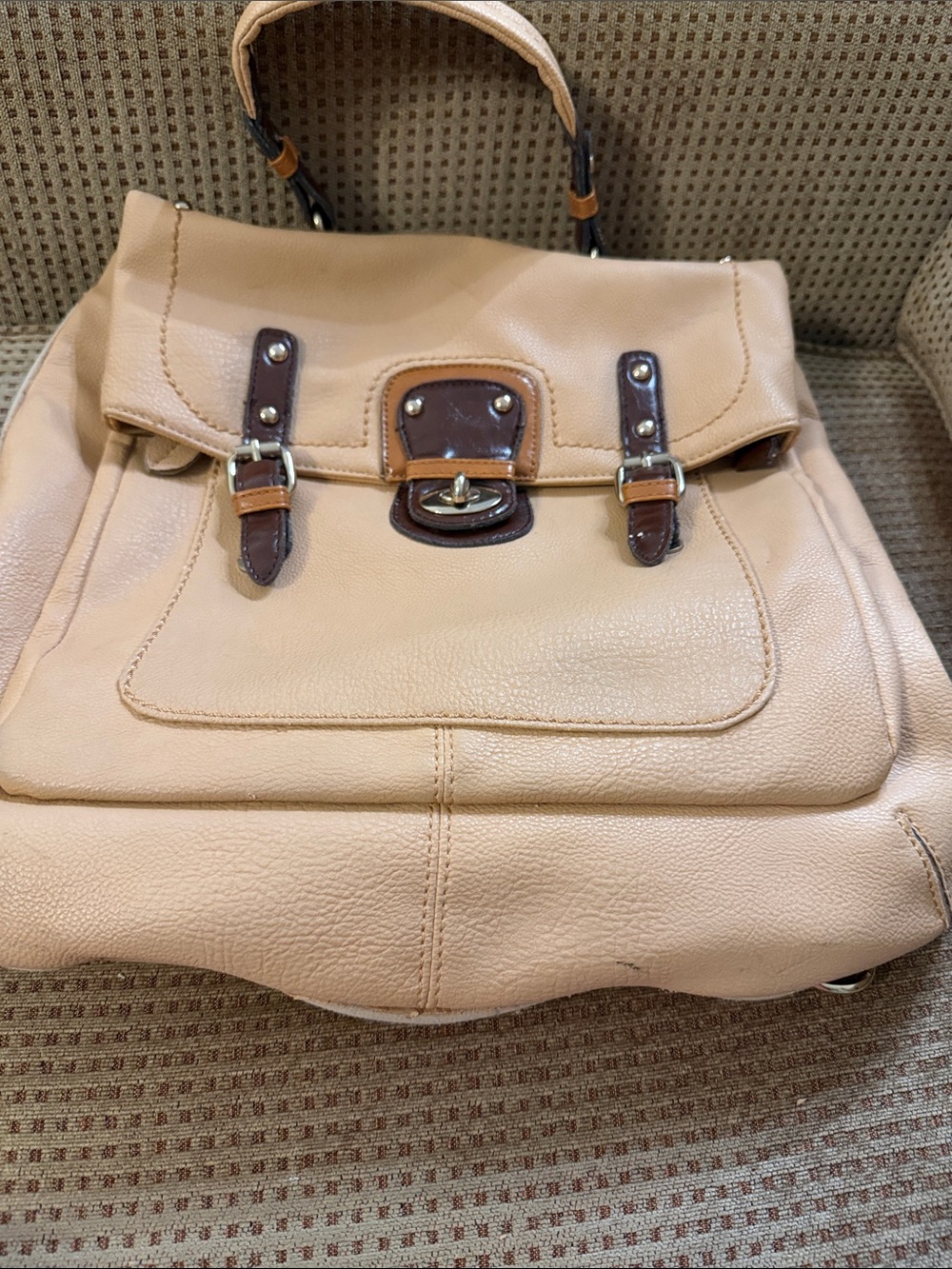 Black Rivet Beige Satchel with Brown Trim